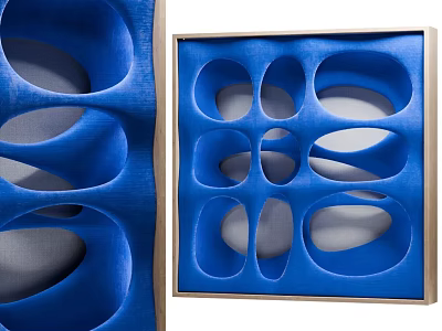 Blue Modern Partition With Wooden Frame And Abstract Hole Design 3d model