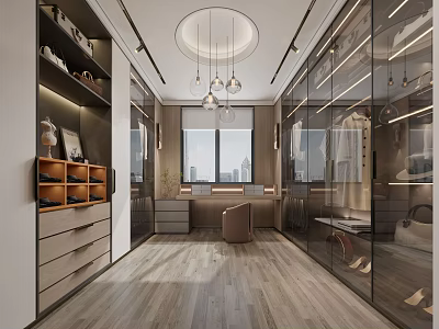 Elegant Modern Walk-in Closet Interior With Glass Doors Wooden Floor Cabinets And Shoe Storage Drawers 3d model