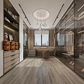 Elegant Modern Walk-in Closet Interior With Glass Doors Wooden Floor Cabinets And Shoe Storage Drawers