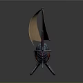 Futuristic Wooden Watercraft With Orange Sail And Sci Fi Thruster Design