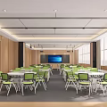 Modern School Classroom With Large Digital Screen Green Desks Chairs And Windows