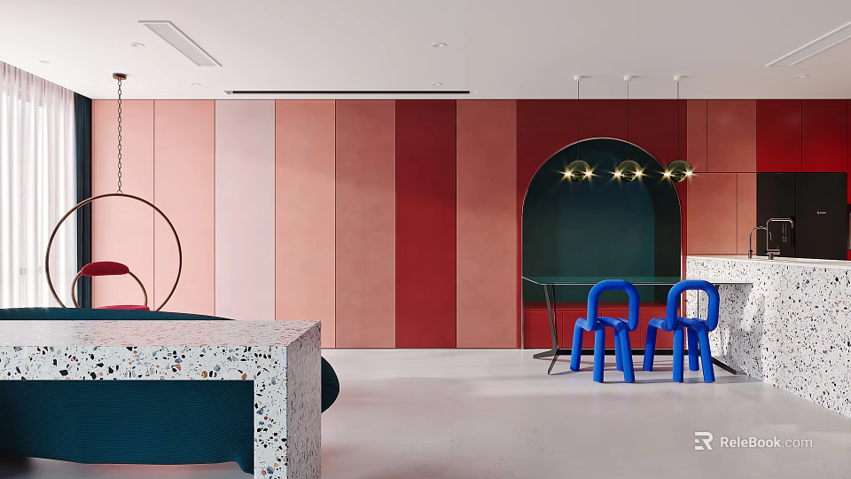 Modern Apartment Interior With Pink Red Walls Archway Blue Chairs And Terrazzo Table 3d model 