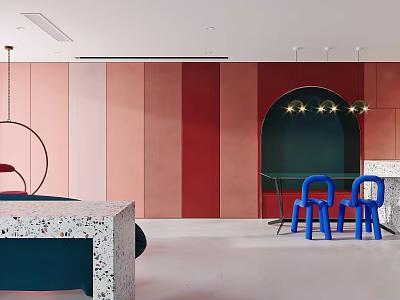 Modern Apartment Interior With Pink Red Walls Archway Blue Chairs And Terrazzo Table 3d model