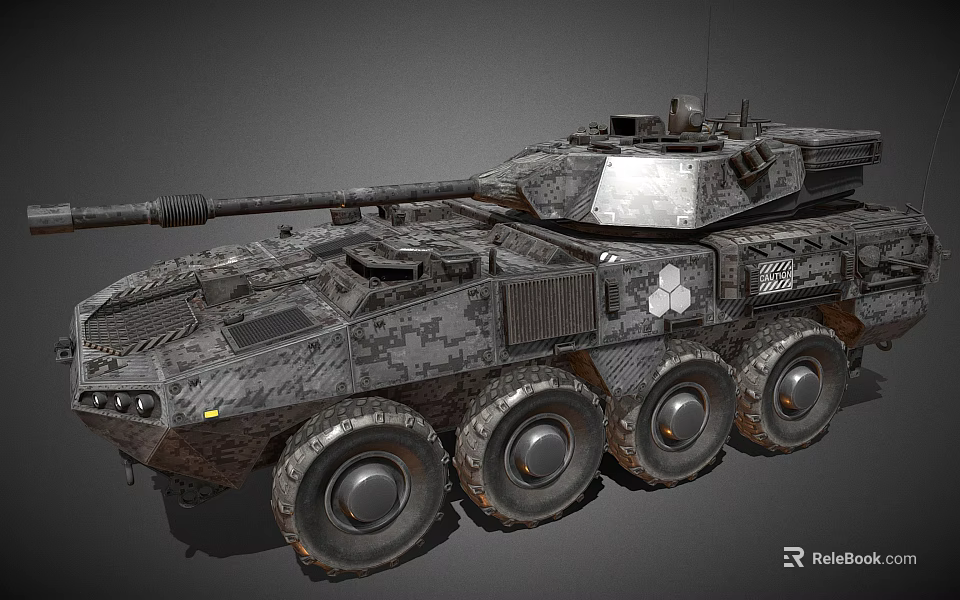 Modern Wheeled Military Tank with Camouflage Paint Six Wheels Cannon and Top Equipment 3d model 