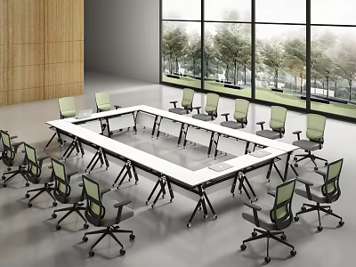 Modern Conference Table With Wheeled Office Chairs Large Windows And Wooden Wall 3d model