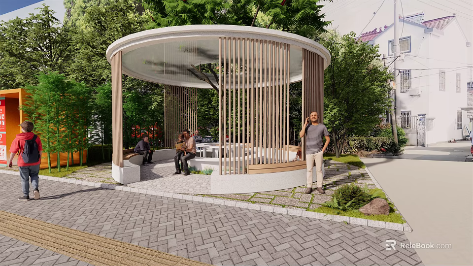 Circular Outdoor Wooden Pavilion With Slatted Screens Surrounded By Trees People Resting Near Paved Ground 3d model 