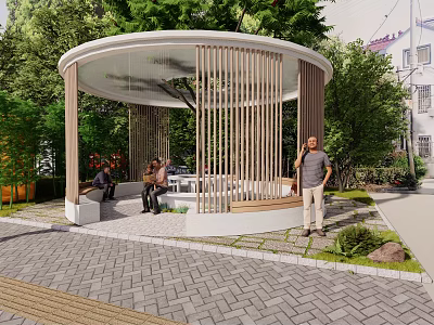 Circular Outdoor Wooden Pavilion With Slatted Screens Surrounded By Trees People Resting Near Paved Ground 3d model