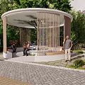Circular Outdoor Wooden Pavilion With Slatted Screens Surrounded By Trees People Resting Near Paved Ground
