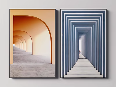Two Framed Wall Artworks With Orange And Blue Arched Corridors For Interior Decor 3d model