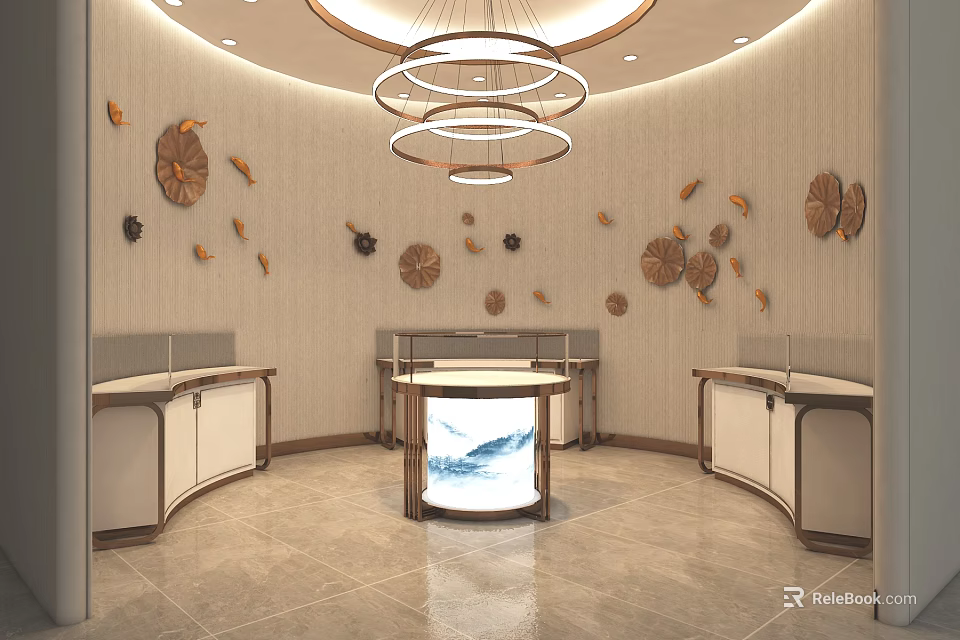 Elegant Modern Display Shelves With Circular Chandeliers And Wall Decorations 3d model 