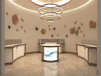 Elegant Modern Display Shelves With Circular Chandeliers And Wall Decorations 3d model