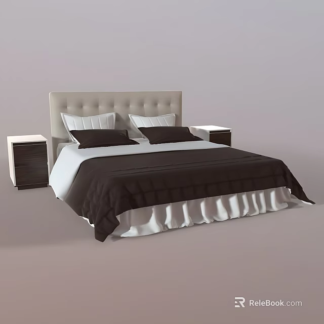 Beige Headboard Double Bed With Two Nightstands And Black White Ruffled Bedding 3d model 