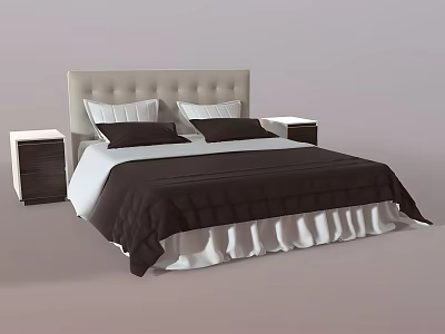 Beige Headboard Double Bed With Two Nightstands And Black White Ruffled Bedding 3d model