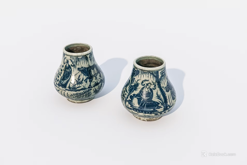 Pair of Blue and White Ceramic Vases With Traditional Hand Painted Patterns 3d model 