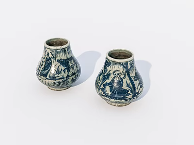 Pair of Blue and White Ceramic Vases With Traditional Hand Painted Patterns 3d model