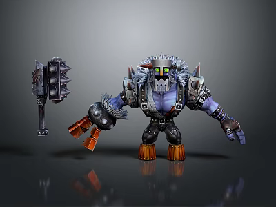 Fantasy Warrior Character With Spiked Helmet Purple Skin Black Armor Orange Boots And Large Hammer 3d model