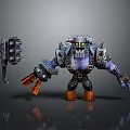 Fantasy Warrior Character With Spiked Helmet Purple Skin Black Armor Orange Boots And Large Hammer