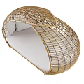 Woven Rattan Double Bed with Curved Frame and White Cushions and Pillows