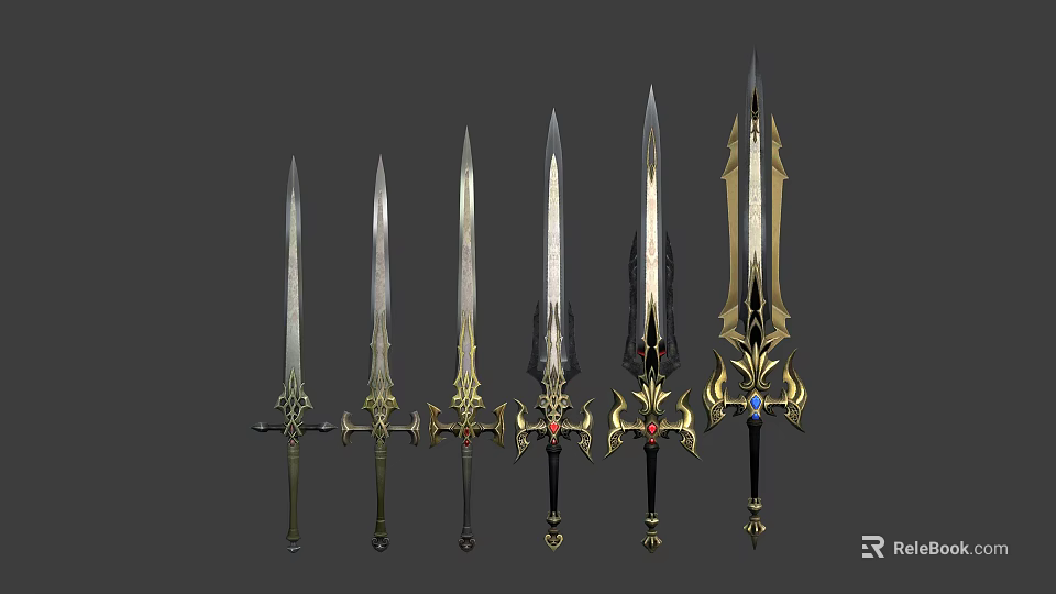 Various Designed Decorative Swords With Ornate Hilts Gemstone Accents And Different Materials 3d model 