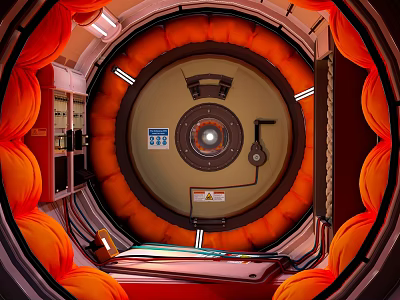 Cartoon Futuristic Space Capsule Scene With Orange Ring Structure And Control Panels 3d model