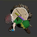 3D Character In Green Outfit Sitting On Tree Stump With Blue Windmill And Brown Boots