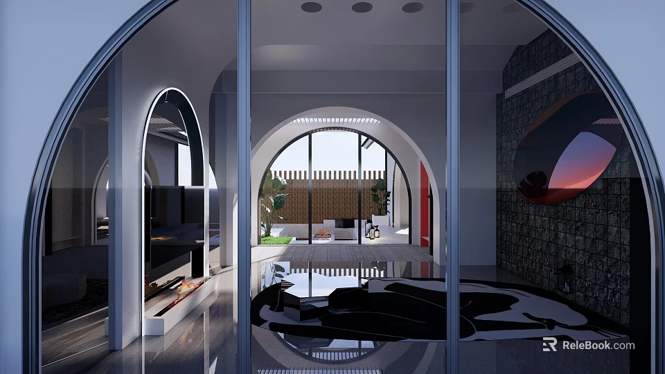 Modern Courtyard Garden Design With Arched Glass Walls And Seamless Indoor Outdoor Flow 3d model 