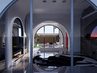 Modern Courtyard Garden Design With Arched Glass Walls And Seamless Indoor Outdoor Flow 3d model