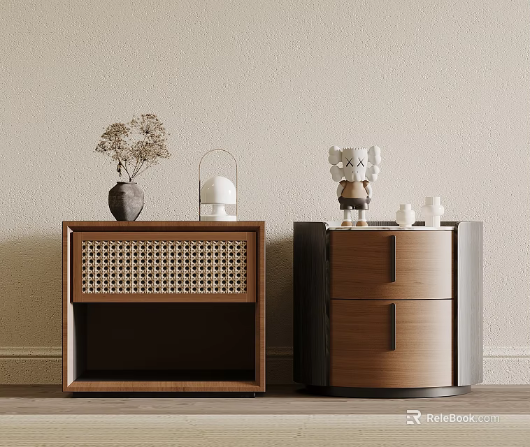 Wooden Bedside Tables With Woven Texture Dark Wood Drawers And Decorative Vase Lantern 3d model 