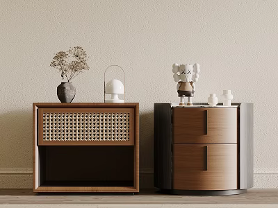 Wooden Bedside Tables With Woven Texture Dark Wood Drawers And Decorative Vase Lantern 3d model