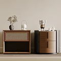 Wooden Bedside Tables With Woven Texture Dark Wood Drawers And Decorative Vase Lantern