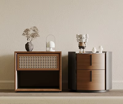 Wooden Bedside Tables With Woven Texture Dark Wood Drawers And Decorative Vase Lantern 3d model