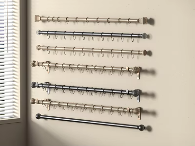 Various Curtain Rods Display Mounted On Wall With Window And Blinds 3d model