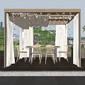 Outdoor Pergola With String Lights Curtains Dining Table And Green Plants