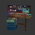 Blue Sideboard with Wooden Top Toy Cars Table Lamp Screen Showing WELCOME Graffiti and Drawers