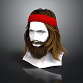 Realistic Human Head Model With Brown Long Hair Beard And Red Knitted Headband
