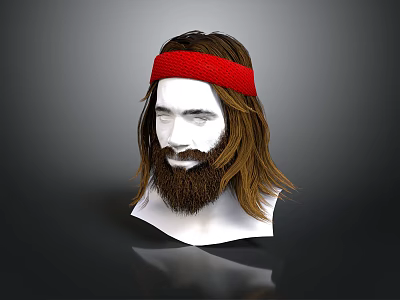Realistic Human Head Model With Brown Long Hair Beard And Red Knitted Headband 3d model