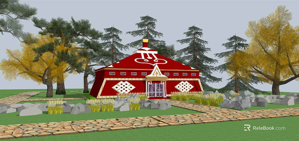 Red Traditional Yurt With White Patterns Trees Stone Path And Green Grass 3d model 