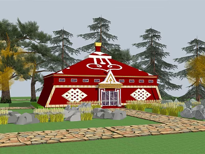 Red Traditional Yurt With White Patterns Trees Stone Path And Green Grass 3d model