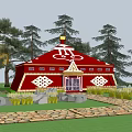 Red Traditional Yurt With White Patterns Trees Stone Path And Green Grass