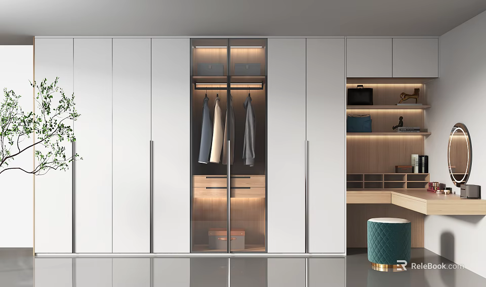 Modern Wardrobe Interior Design With Glass Doors Hanging Clothes And Storage Shelves 3d model 