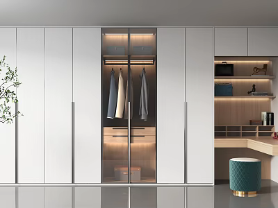 Modern Wardrobe Interior Design With Glass Doors Hanging Clothes And Storage Shelves 3d model