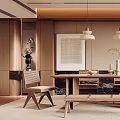 Modern Warm Toned Restaurant Interior With Wooden Dining Table Chairs Pendant Lights And Green Plant