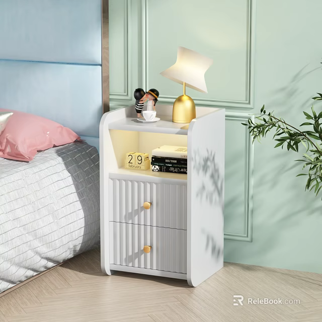 White Bedroom Nightstand With Drawers Lamp Decorative Figure And Clock Showing 29 3d model 