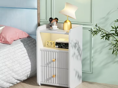 White Bedroom Nightstand With Drawers Lamp Decorative Figure And Clock Showing 29 3d model