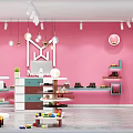 Fashion Store with Pink Walls Multiple Shelves Round Display Tables Hanging Lights and White Cabinets