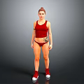 Woman wearing red tank top red shorts and red sneakers with tattoo against gray background