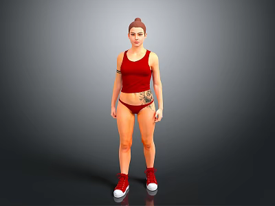 Woman wearing red tank top red shorts and red sneakers with tattoo against gray background 3d model