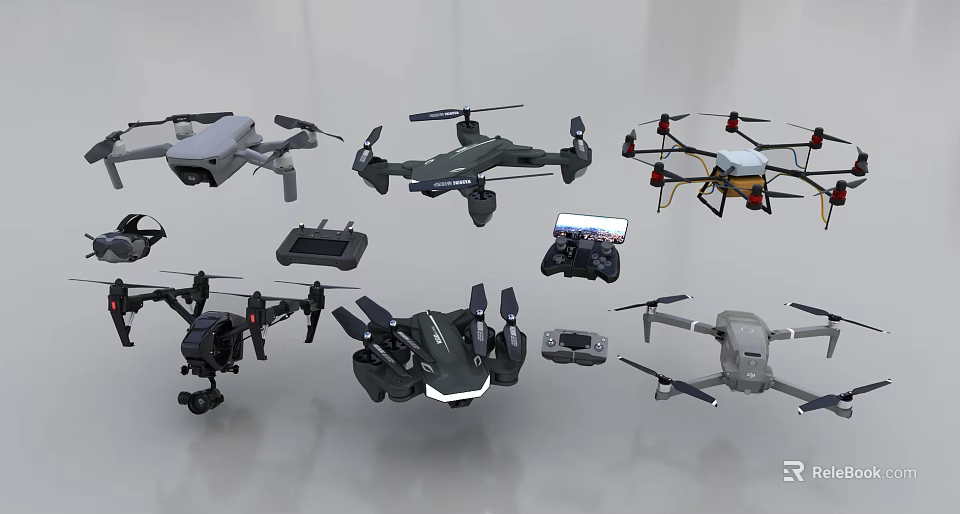 Assorted Drones with Remote Controllers and Related Accessories Collection 3d model 