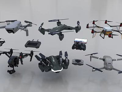 Assorted Drones with Remote Controllers and Related Accessories Collection 3d model