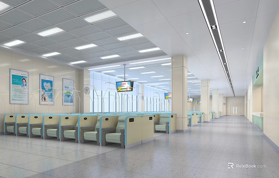 Spacious Modern Hospital Waiting Area With Rows Of Chairs Posters And Screen 3d model 